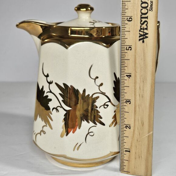 Vtg Price Bros Teapot Gold on  Cream Golden Grape Leaves Autumn Ceramic Lidded - Picture 10 of 13